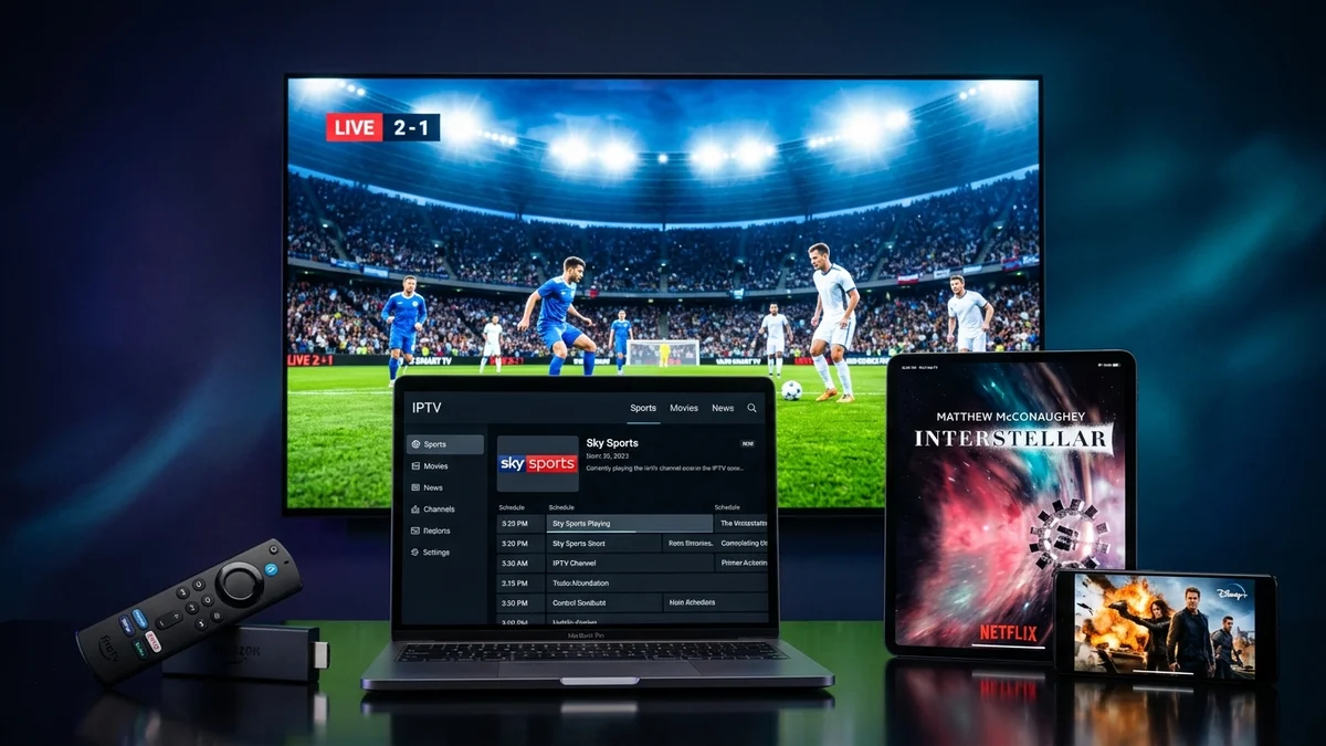 Supported devices for IPTV subscription including Smart TV, Firestick, Android, and iOS